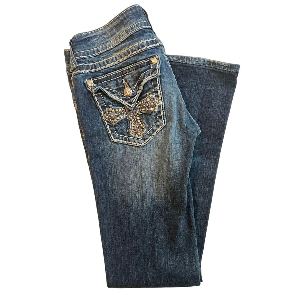 Miss Me Jean Rhinestone Embellished Cross Pocket Low Rise Bootcut 28x31 JP504689
